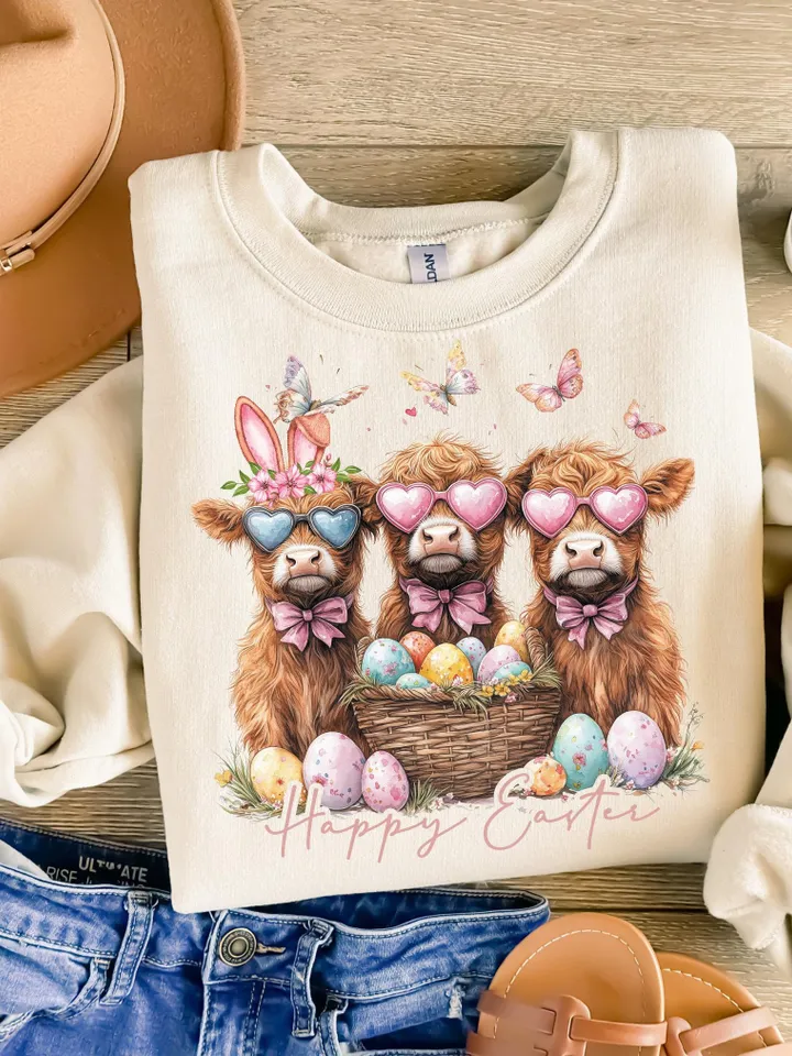 Easter Day Highland Cow PNG, Cute Cow Easter Png, Retro Easter Png, Happy Easter Sublimation Design, Digital Download