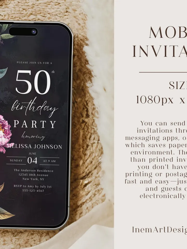 Modern 50th Birthday Canva Template – Moody Burgundy & Blush Peony Floral Invitation, Elegant Dark Background Birthday Party Invite