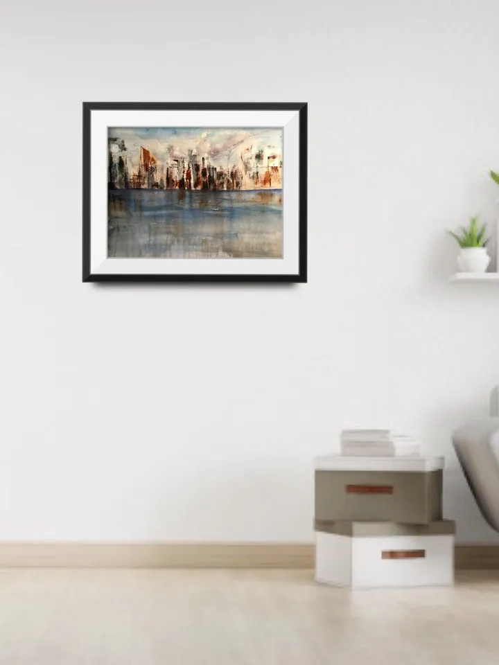 Semi-Abstract watercolour cityscape,original watercolour painting,cityscape wall art,seascape,skyline,skyscapes,blue grey copper painting