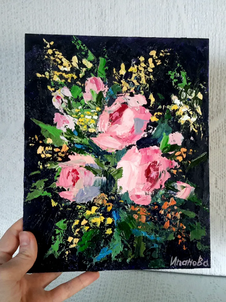 Pink Roses Original Oil Painting Flowers Impasto Floral Artwork