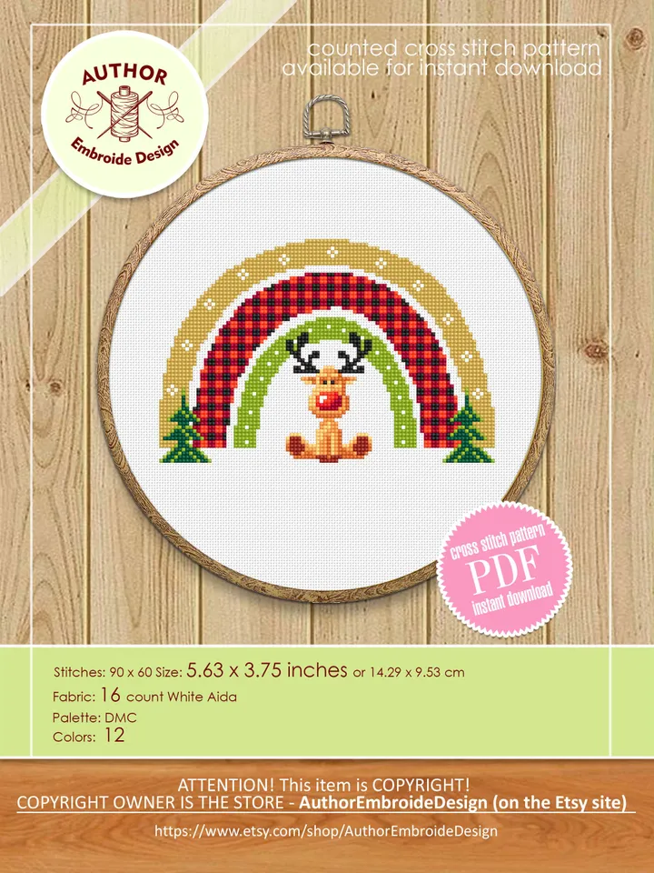 Christmas rainbow reindeer cross stitch pattern PDF download, Buffalo plaid rainbow cross stitch chart, Christmas pattern digital PDF #N135