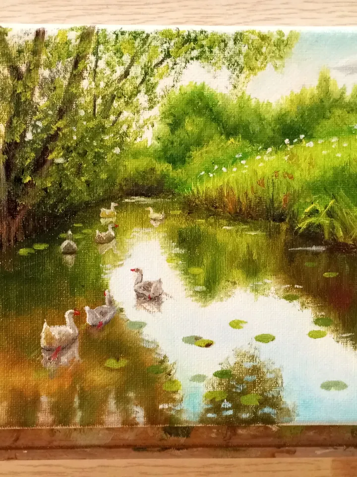 Oil painting " Geese on the pond "