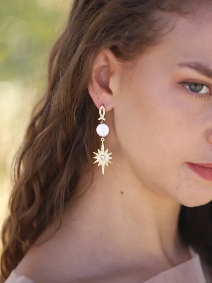 Natural Baroque Pearl Rose Gold Star Long Wedding Earrings, Art Deco Wedding Jewelry For Bride, 1920s Jewelry, Celestial Statement Earrings