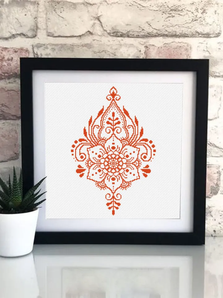 Flower cross stitch pattern download PDF, Monochrome mandala cross stitch chart, Modern beginner stitch, Floral ornament embroidery PDF #M55