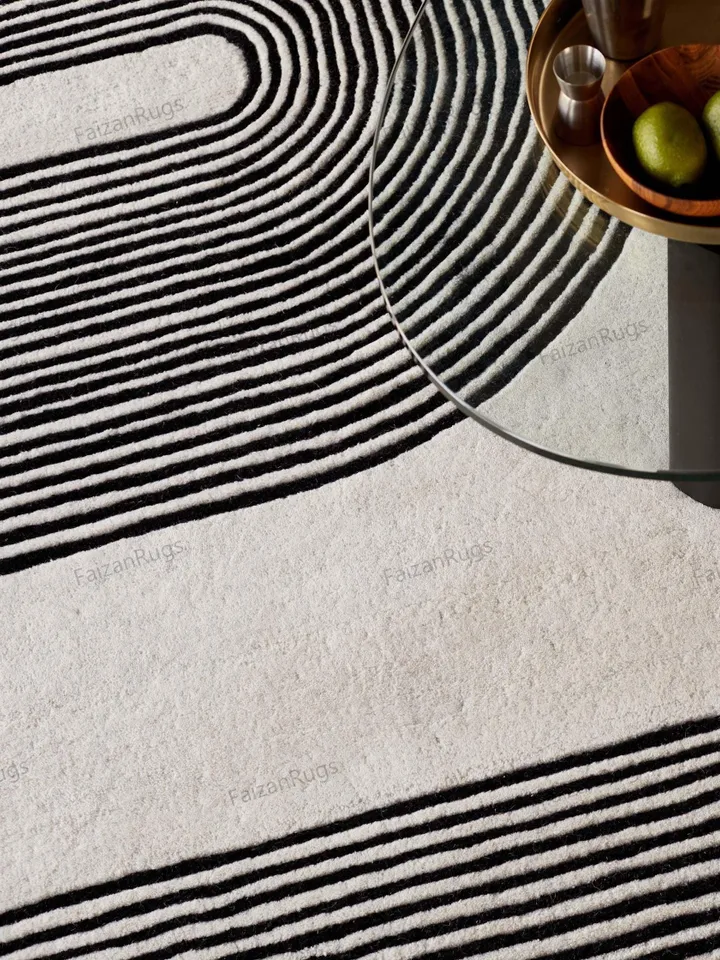 Buy Abstract Lines Wool Rug Black and Cream Hand Tufted 100% Wool For Living Room, Bed Room, Kids Room In Any Size 9x12,8x10,6x9,5x8.