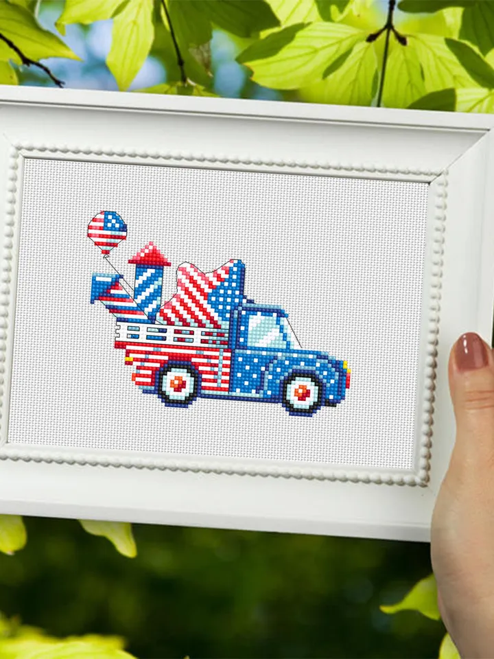Patriotic retro truck cross stitch pattern PDF download Independence Day cross stitch 4th of july truck American flag Stars and stripes #T34