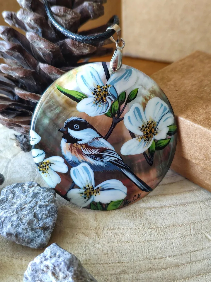 Pearl pendant necklace: Sparrow in wild roses on dainty handmade pendant • Elegant bird and floral necklace • Cute disc necklace for dress