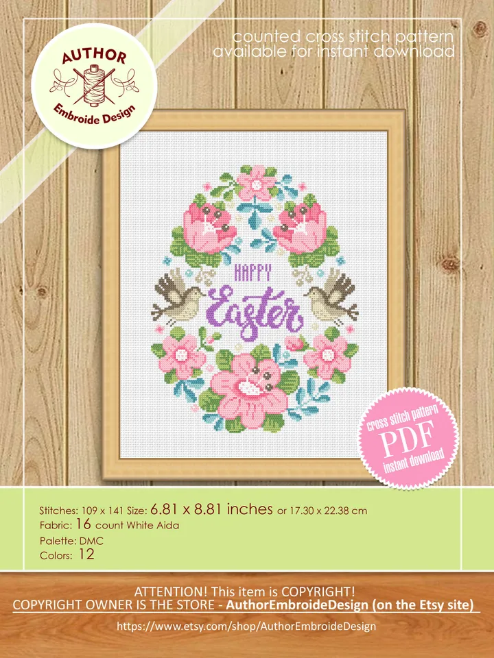 Floral easter egg cross stitch pattern PDF Pastel cross stitch Happy Easter cross stitch download PDF, Watercolor floral easter ornament #T7