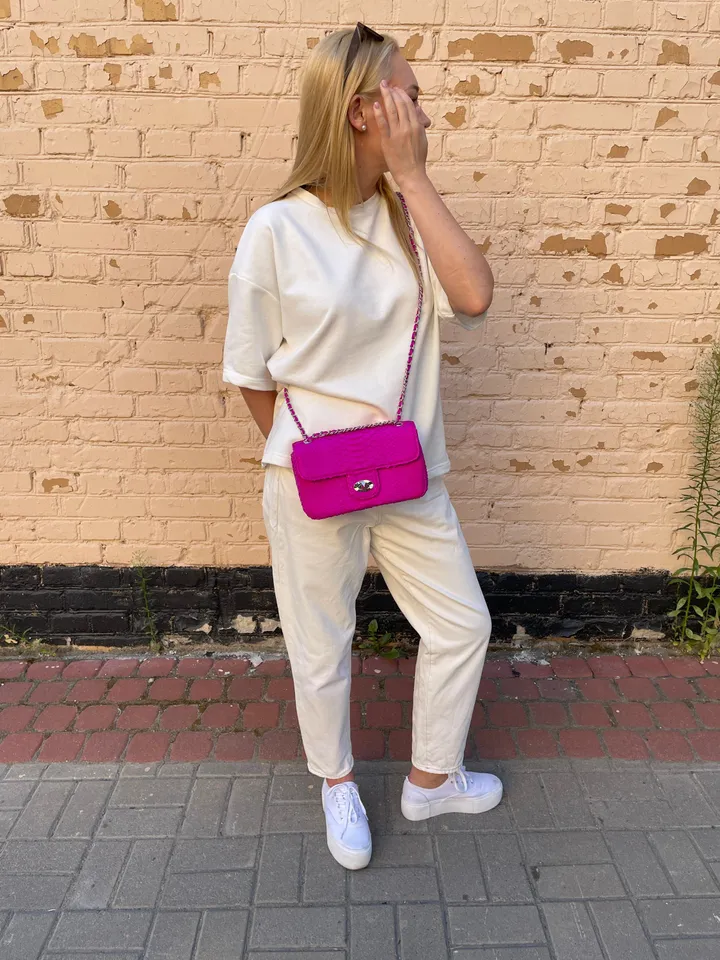 Genuine python skin midi crossbody bag fuchsia colour, summer bright chain crossbody, elegant classy crossbody bag genuine leather summer