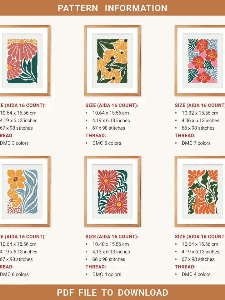 Bundle of 6 mini contemporary Flowers Cross stitch patterns Abstract floral Plant beginner counted modern chart DIY embroidery instant PDF