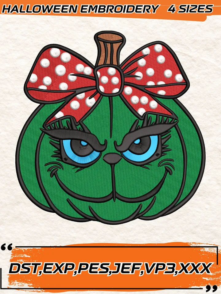 Grinch Head Pumpkin Coquette Bow Embroidery Design, Halloween Embroidery Design,4 Sizes,Digital Download
