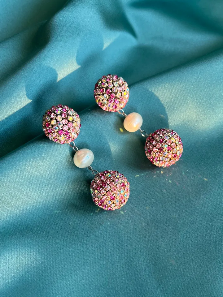 Crystal Balls and natural pearl on Chain Earrings