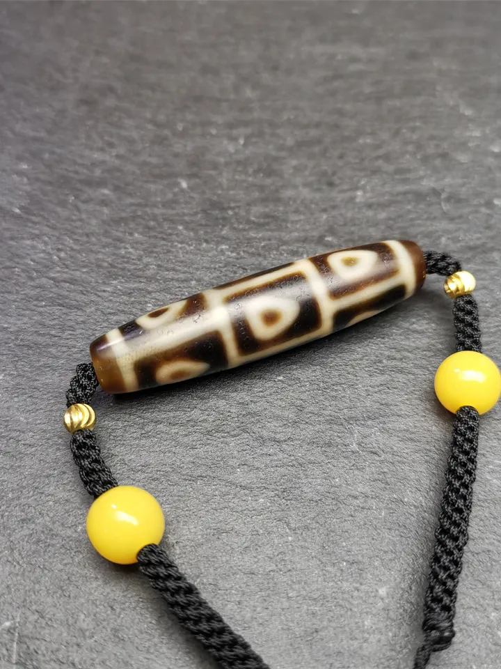 Gandhanra Antique Tibetan 9 Eyes Bodhi Dzi Bead Necklace, 2.13" x 0.51", 30 Years Old