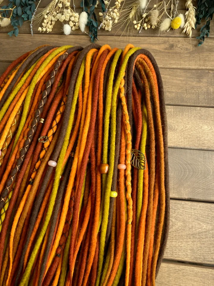 Wool Brown orange mustard green pumpkin, rust red copper Double Ended dreadlocks, Ready to ship