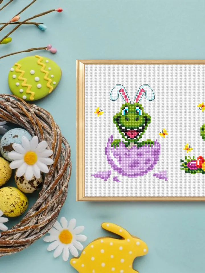 Funny dinosaur easter cross stitch pattern PDF download, Set of 2 small dinosaur cross stitch chart, Cute dino pattern digital PDF #T29
