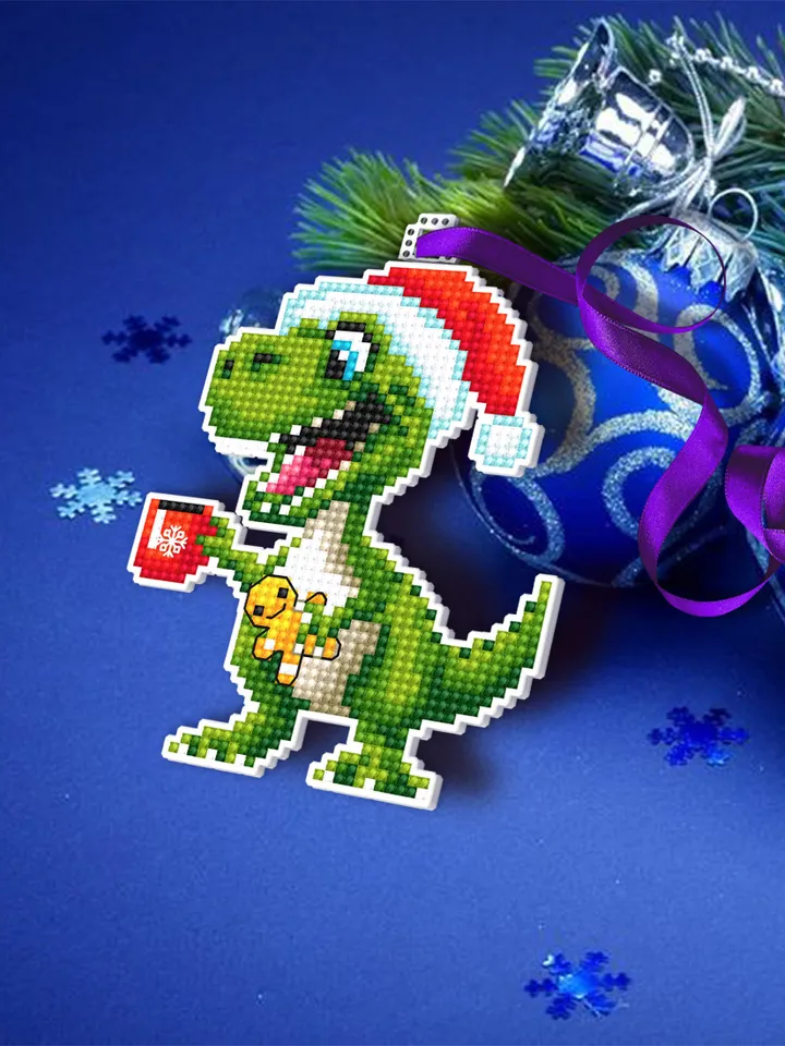 Funny dinosaur christmas cross stitch pattern PDF download Double-sided Christmas tree decor for plastic canvas, Dino pattern T Rex #N132