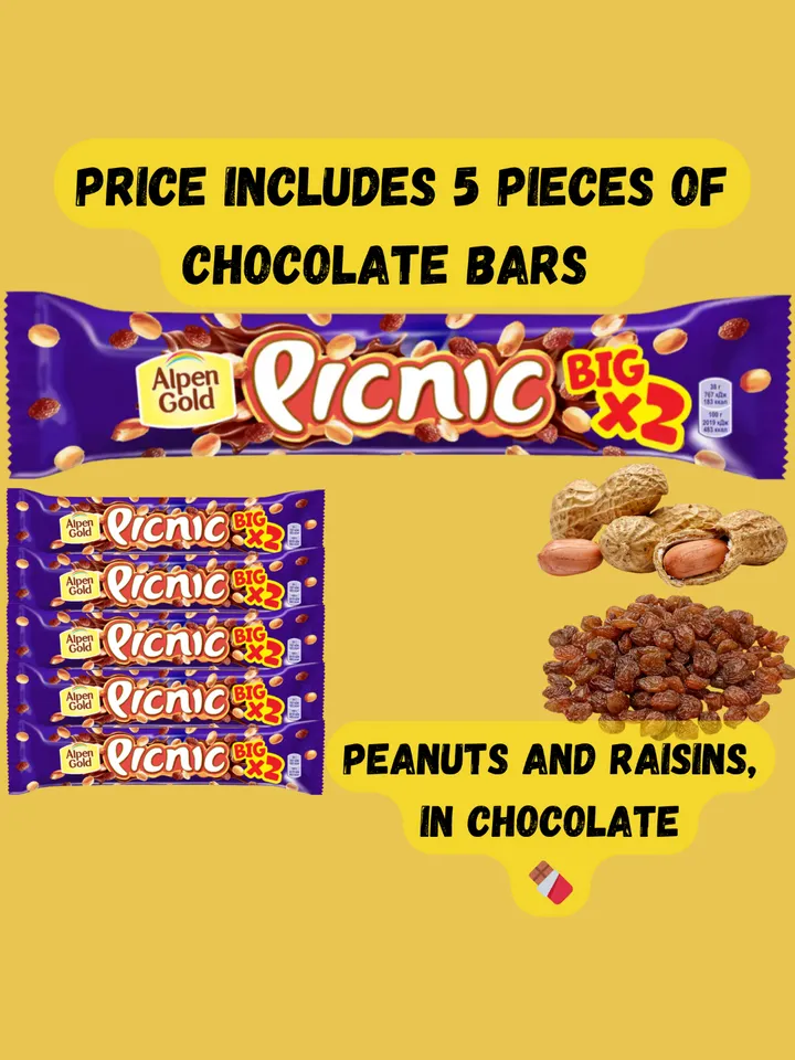Chocolate bar "Picnic" Big, 5 pcs with peanuts and raisins 2,54oz (12,70oz)