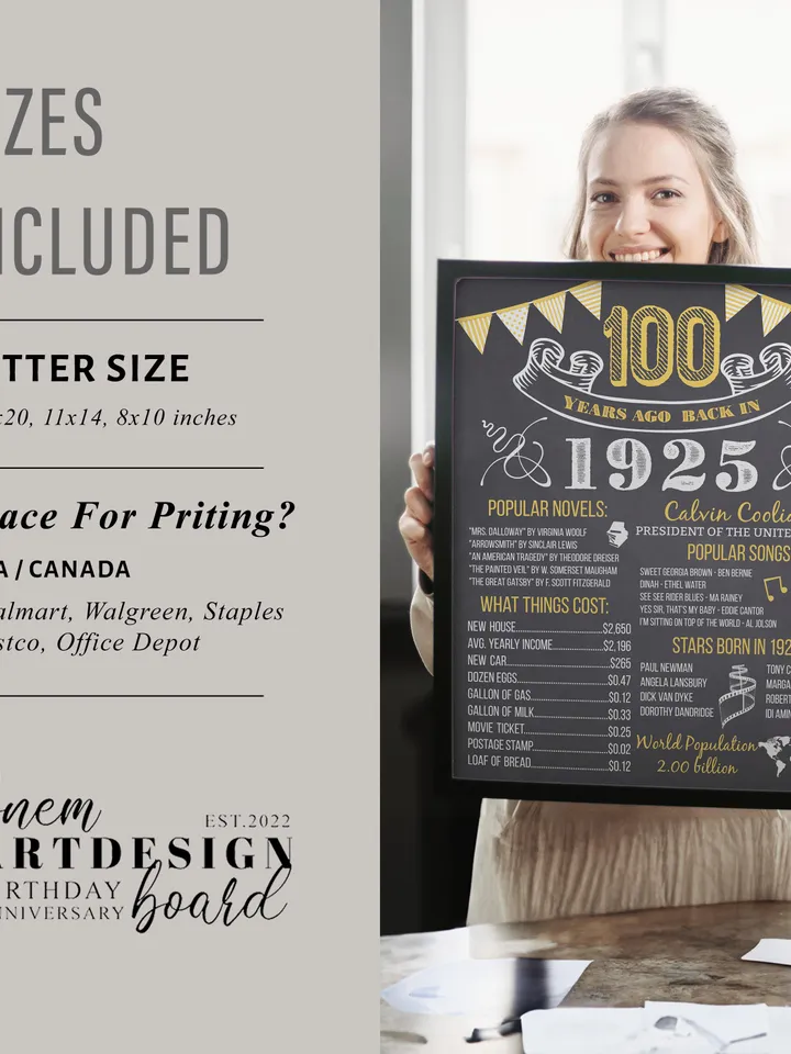 100th birthday poster gold 1925 birthday board born in 1925 back in 1925 vintage printable golden decoration digital download gift idea