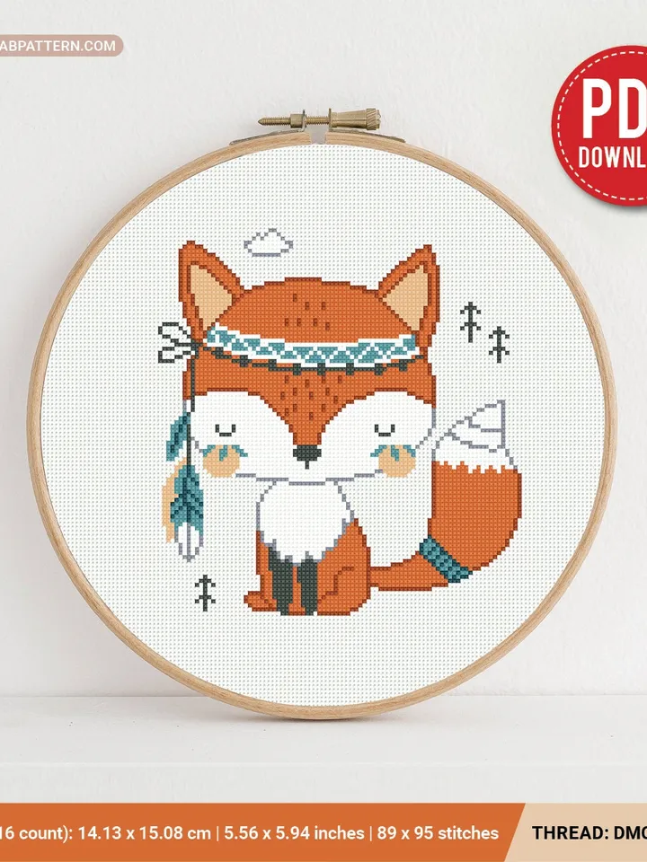 Fox Boho Style aesthetic mini cross stitch pattern, baby, animal, boy girl nursery decor, counted, chart, gift DIY, embroidery, instant PDF