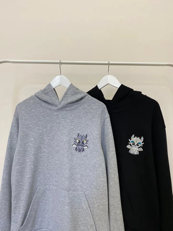 Couple Embroidered Night and Light Dragons Hoodies Matching T-shirts Cartoon Sweatshirts Set for Gift