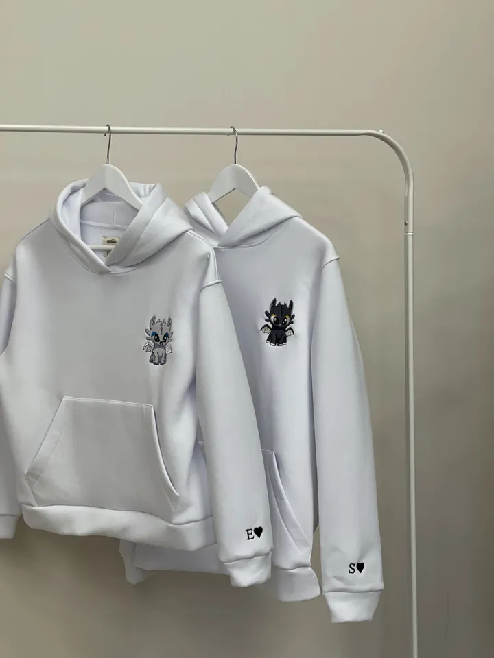 Custom Embroidered Hoodies with Initials on the Sleeve Roman Date or Cartoon Couple Sweatshirts Anniversary Gift for Her and Him