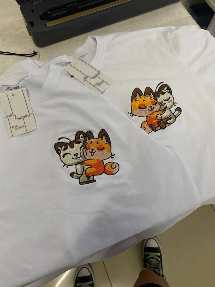 Embroidered Sticker Cat and Fox Hoodies Couple Animal Sweatshirts Cartoon Tshirts Gift for Her and Him