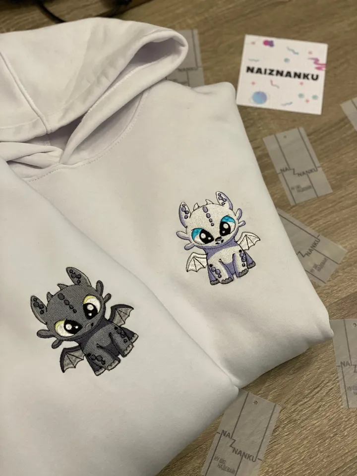 Couple Embroidered Night and Light Dragons Hoodies Matching T-shirts Cartoon Sweatshirts Set for Gift