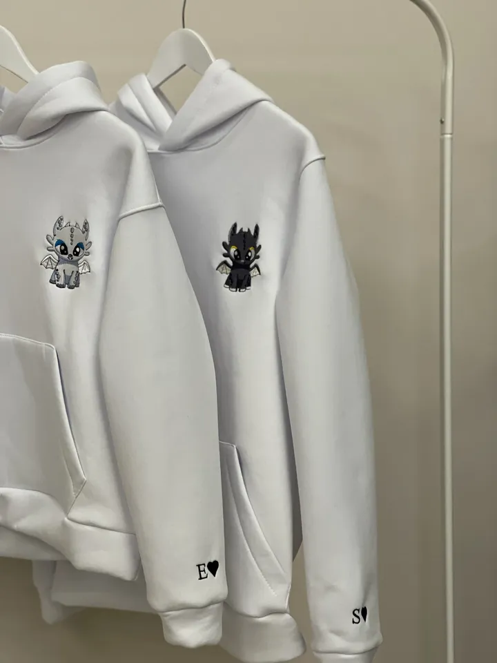 Custom Embroidered Hoodies with Initials on the Sleeve Roman Date or Cartoon Couple Sweatshirts Anniversary Gift for Her and Him