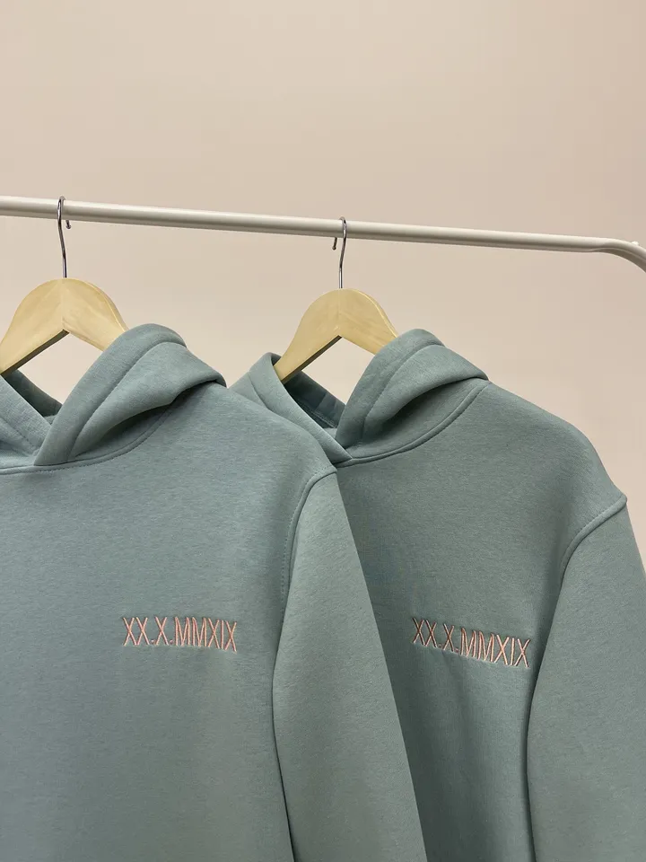 Custom Embroidered Hoodies with Initials on the Sleeve Roman Numeral Date Couple Sweatshirts Long Distancr Relationship Gift for Her and Him