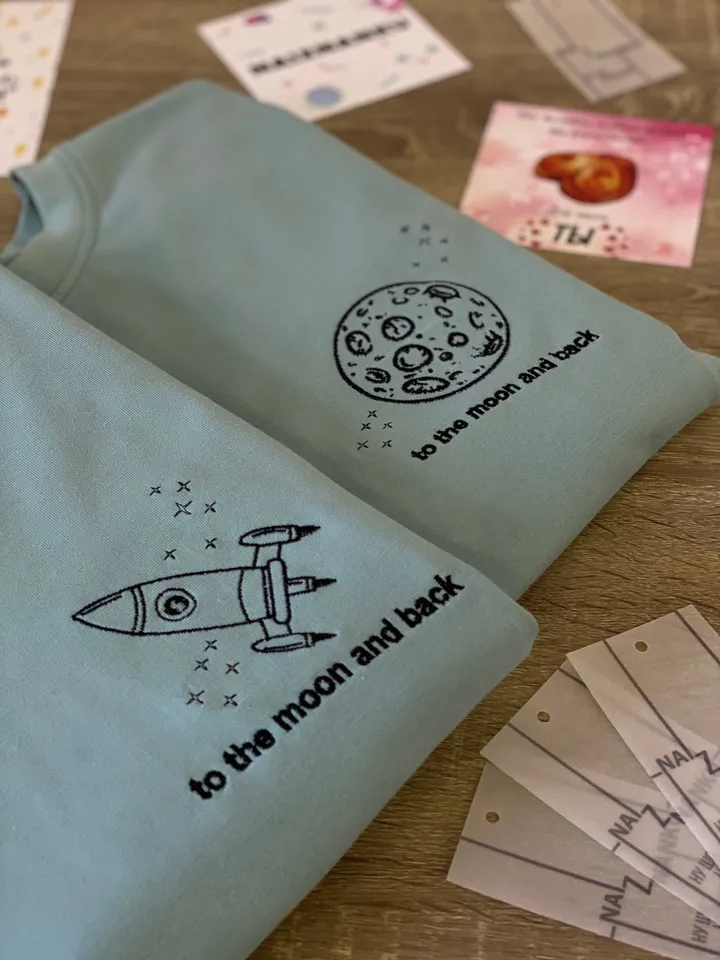 Couple Embroidered Space Rocket and Moon Hoodies Sweatshirts Tshirts Anniversary Gift for Her and Him