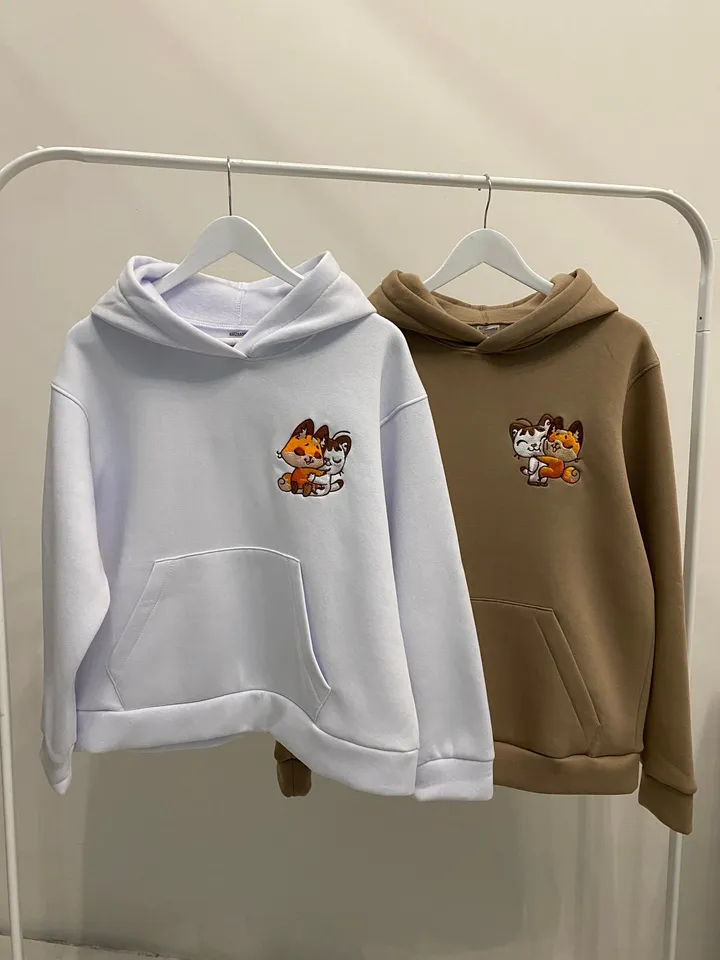 Embroidered Sticker Cat and Fox Hoodies Couple Animal Sweatshirts Cartoon Tshirts Gift for Her and Him