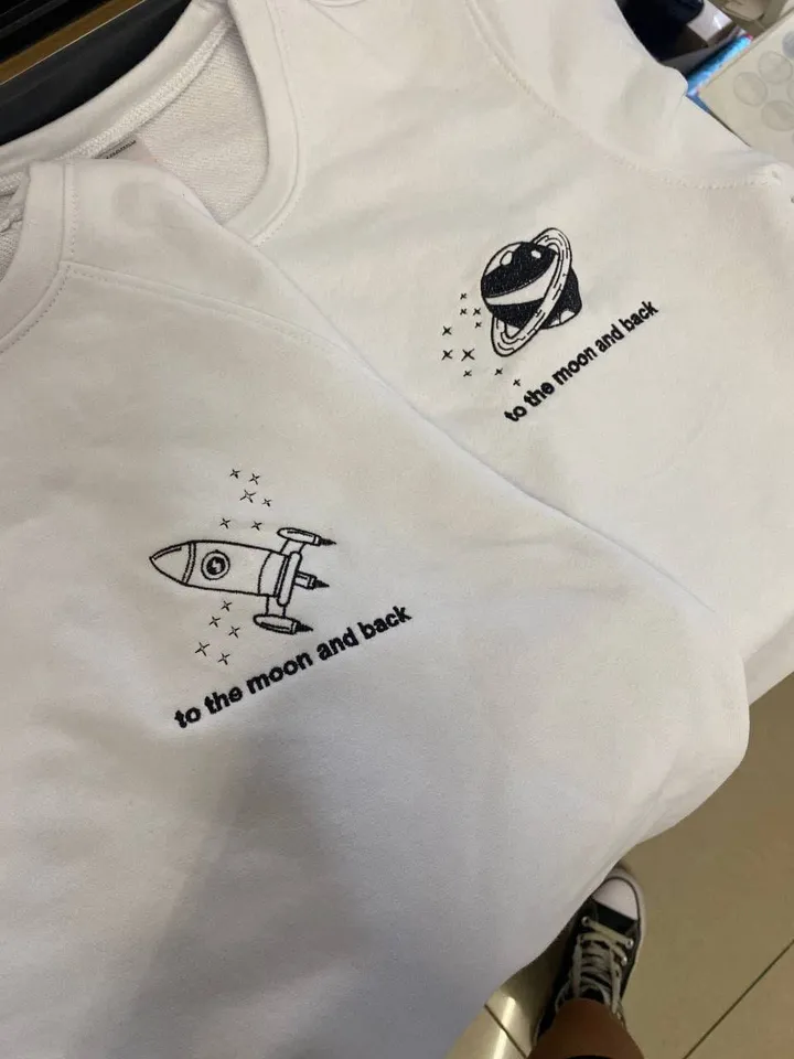 Couple Embroidered Space Rocket and Moon Hoodies Sweatshirts Matching Tshirts Aesthetic Gift for Her and Him