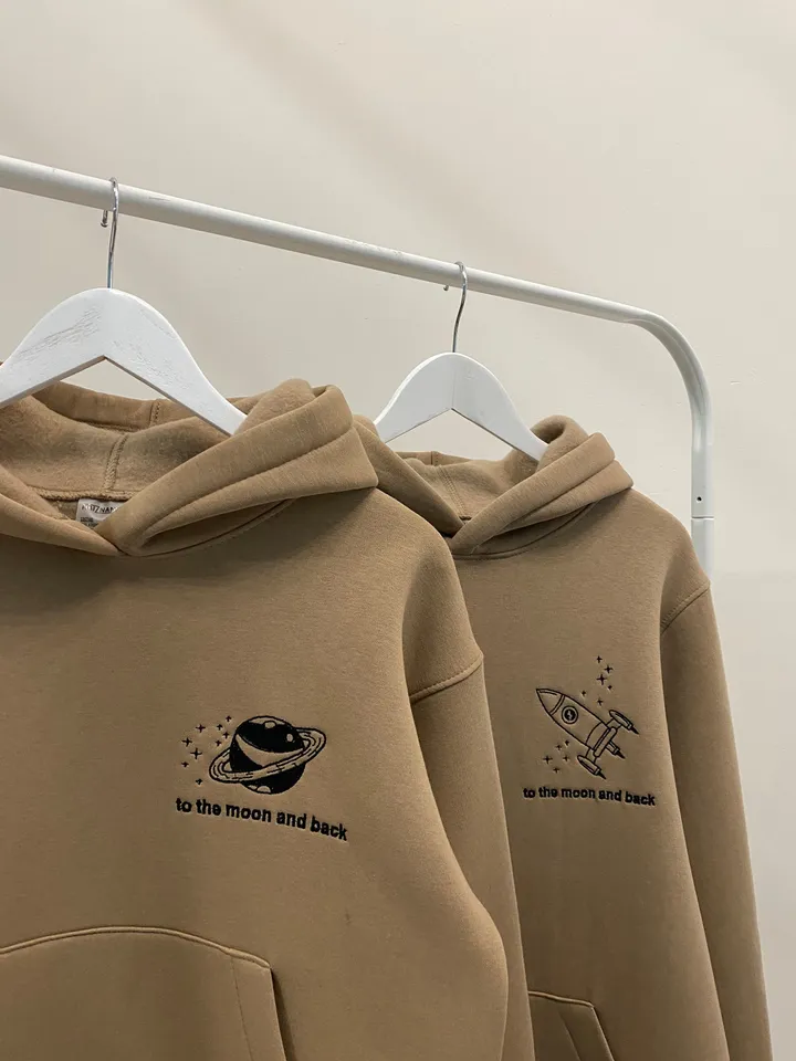 Couple Embroidered Space Rocket and Moon Hoodies Sweatshirts Matching Tshirts Aesthetic Gift for Her and Him