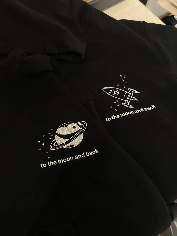 Couple Embroidered Space Rocket and Moon Hoodies Sweatshirts Matching Tshirts Aesthetic Gift for Her and Him