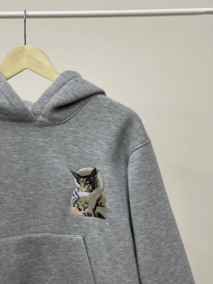 Embroidered Cat Pet Hoodie Embroidery Dog Animal Portrait by Photo Crewneck Sweatshirt Clothes Item Custom Gift for Pet Owner Lover
