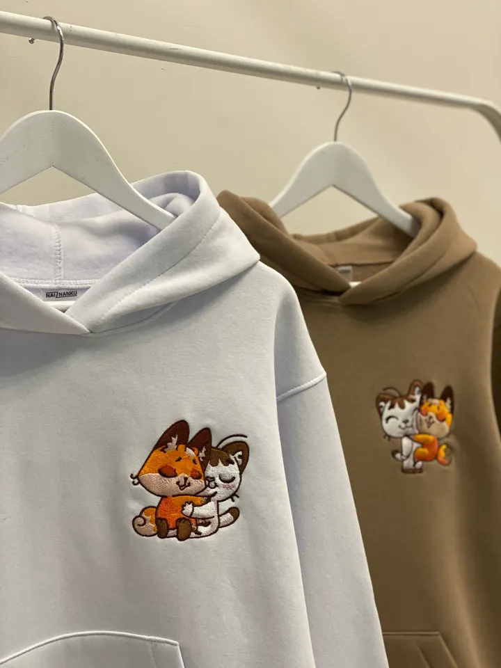 Embroidered Sticker Cat and Fox Hoodies Couple Animal Sweatshirts Cartoon Tshirts Gift for Her and Him