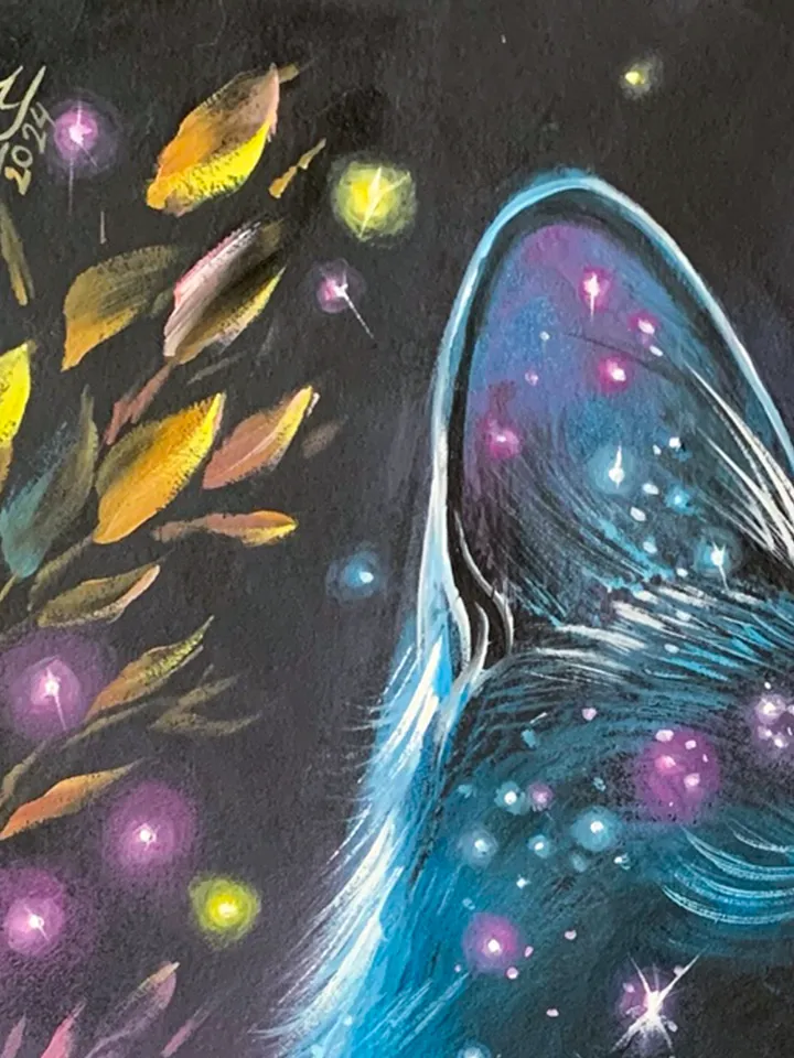 Black Cat and butterflies, oil painting on cardboard