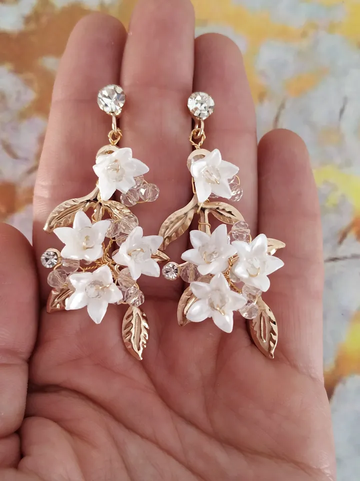 Porcelain Flower Wedding Earrings , Gold Floral Bridal Earrings, Gold Chandelier Statement Earrings For Bride, Bridesmaid Gift, Jewelry