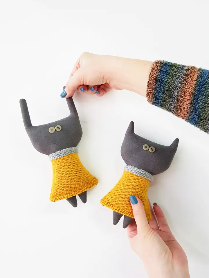 Stuffed animals sewing and knitting patterns PDF, Cat and Rabbit in Dresses, set of 2 tutorials in English, rag doll diy