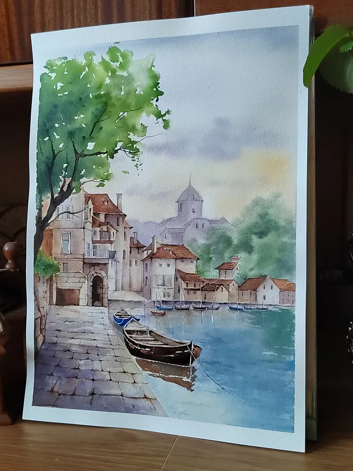 Original Watercolor Painting Cozy Landscape Art Italian Town Artwork Town Siesta Picture Sunny Day 30x40 cm by SoftWaves