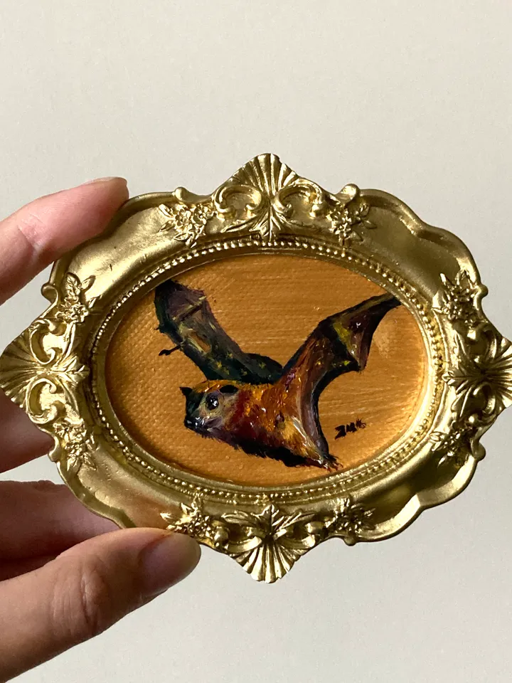 Fox Bat Painting Original Framed Small Oil Painting Gold Frame Goth Art