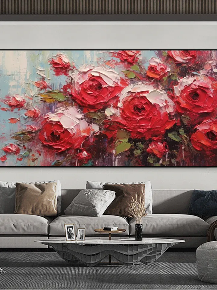 Original Roses Oil Painting On Canvas, Abstract Red Flowers Painting, Large Wall Art, Custom Painting, Living room Wall Decor, Home Decor