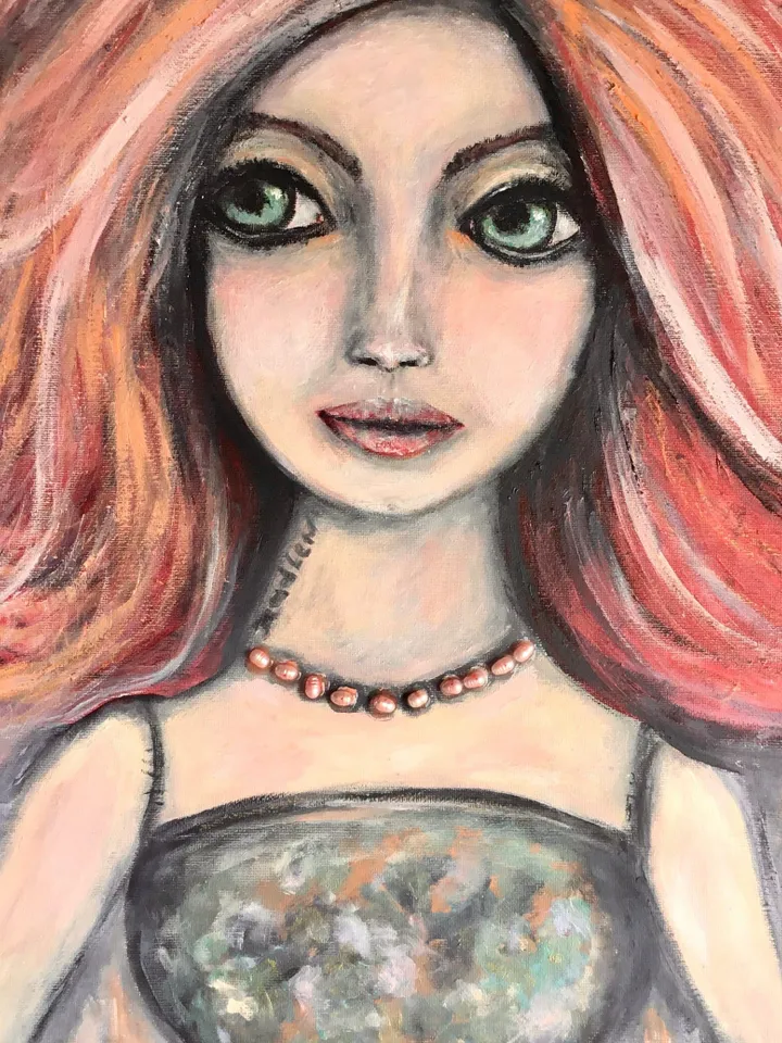 Madlen doll original oil and acrylic mix media painting on stretched canvas.decorated with natural rose river pearls,abstract background.