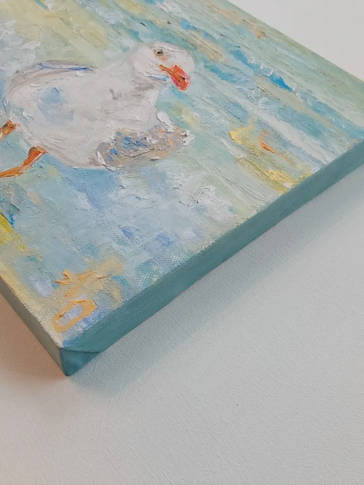 Oil painting on canvas 20x20cm (8x8 inches) "Seagull and sea"