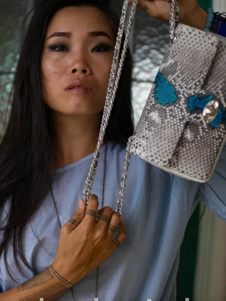 Gray and blue Genuine Python Skin Crossbody Chain Bag | Bright Summer Bag | Elegant Women Bag | Chain Strap Crossbody Deep classy Purse