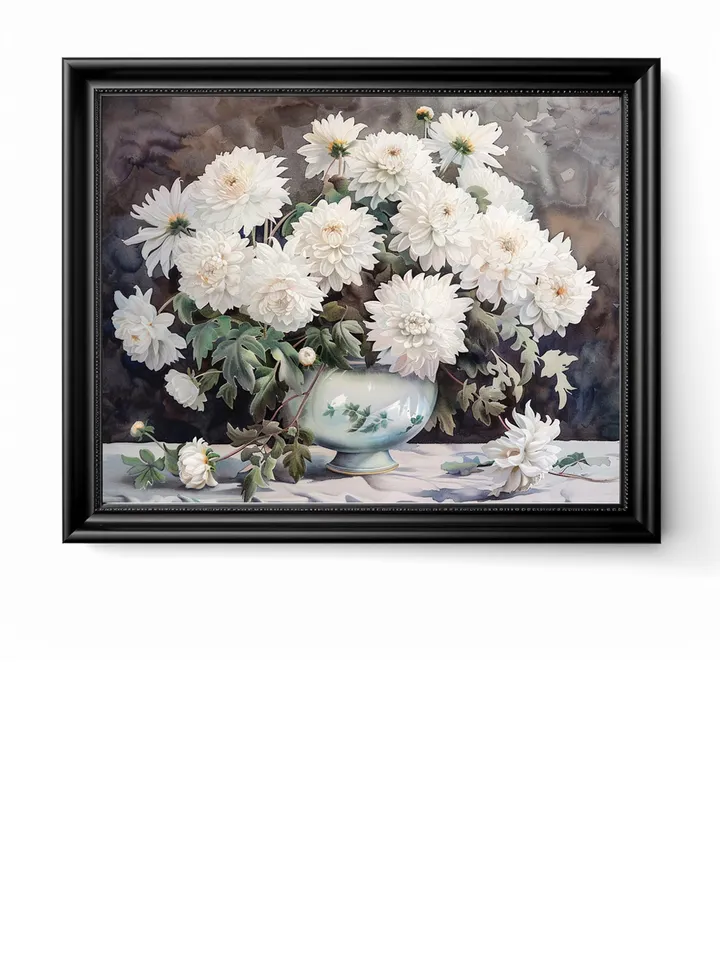 Bouquet of white chrysanthemum in a vase watercolor drawing, digital illustration, digital painting , wall art decoration. AI