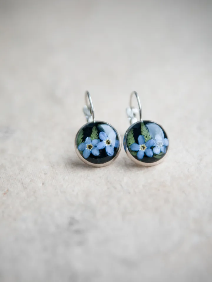 Fern and Forget-me-not flowers earrings. Classic dangles made of clear resin