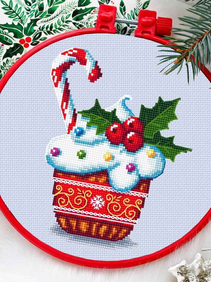 Christmas cupcake cross stitch pattern download PDF Merry Christmas pattern digital, Winter cross stitch chart, Holiday hand embroidery #N29