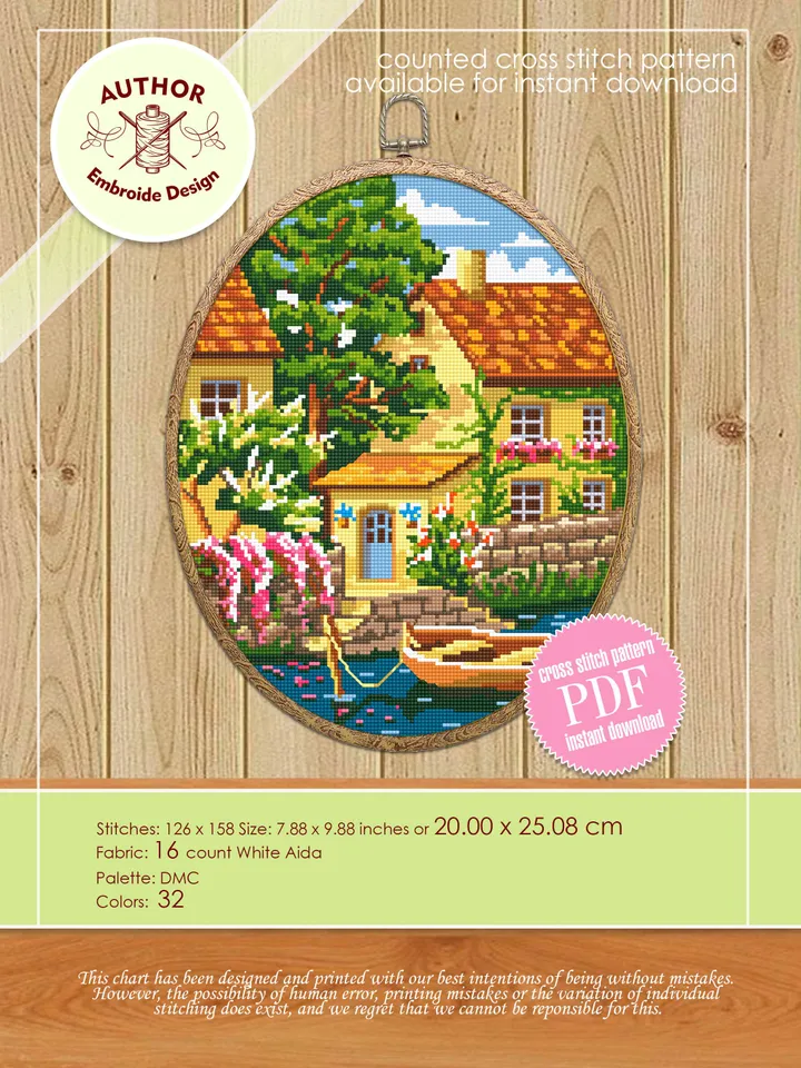 Summer home cross stitch pattern download PDF Village house cross stitch chart Nature landscape river cross stitch Home sweet home #L10