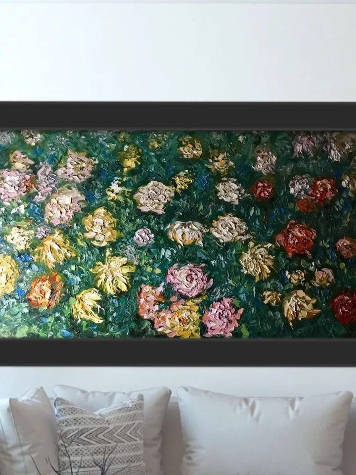 Large original oil painting,Monet inspired,bed of chrysanthemums wall art,impasto flowers painting.